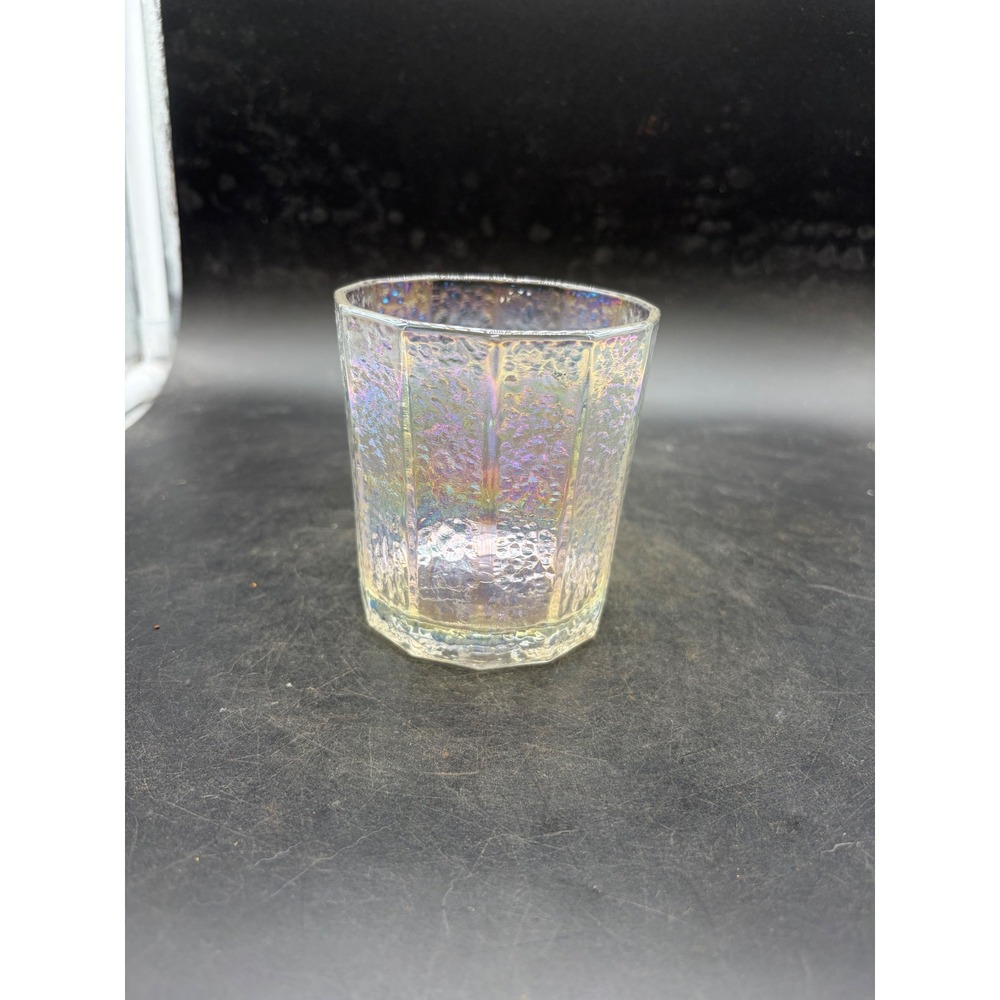 Vintage Iridescent Carnival Glass Tumbler Textured 12-Sided Rocks Glass 4in